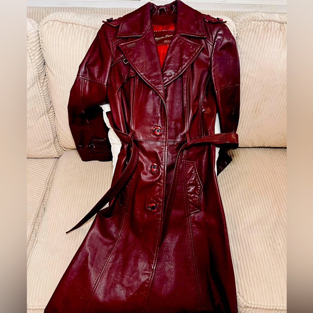 VINTAGE 70s ETIENNE AIGNER Womens Long Leather Trench Coat Belted OXBLOOD Small